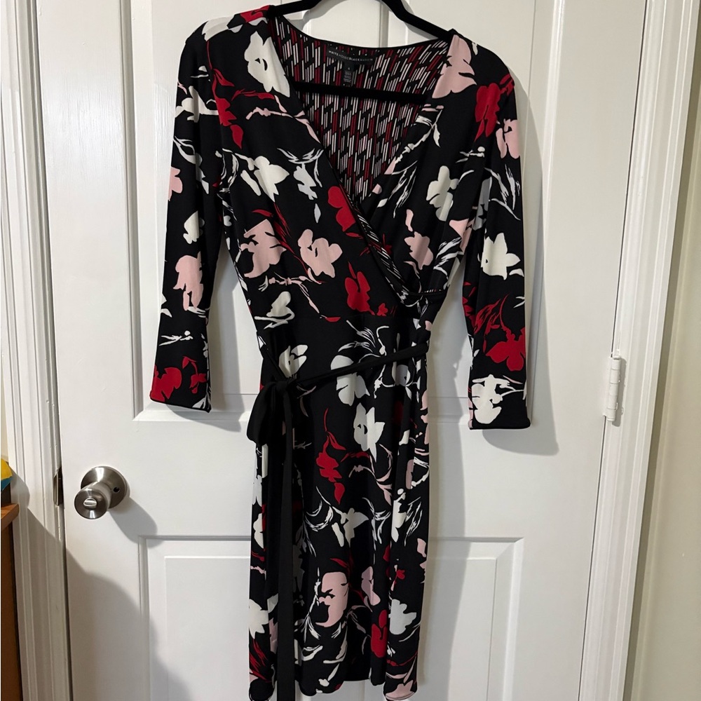 White House Black Market Black Floral Wrap Midi Dress with Pink & Red Blooms